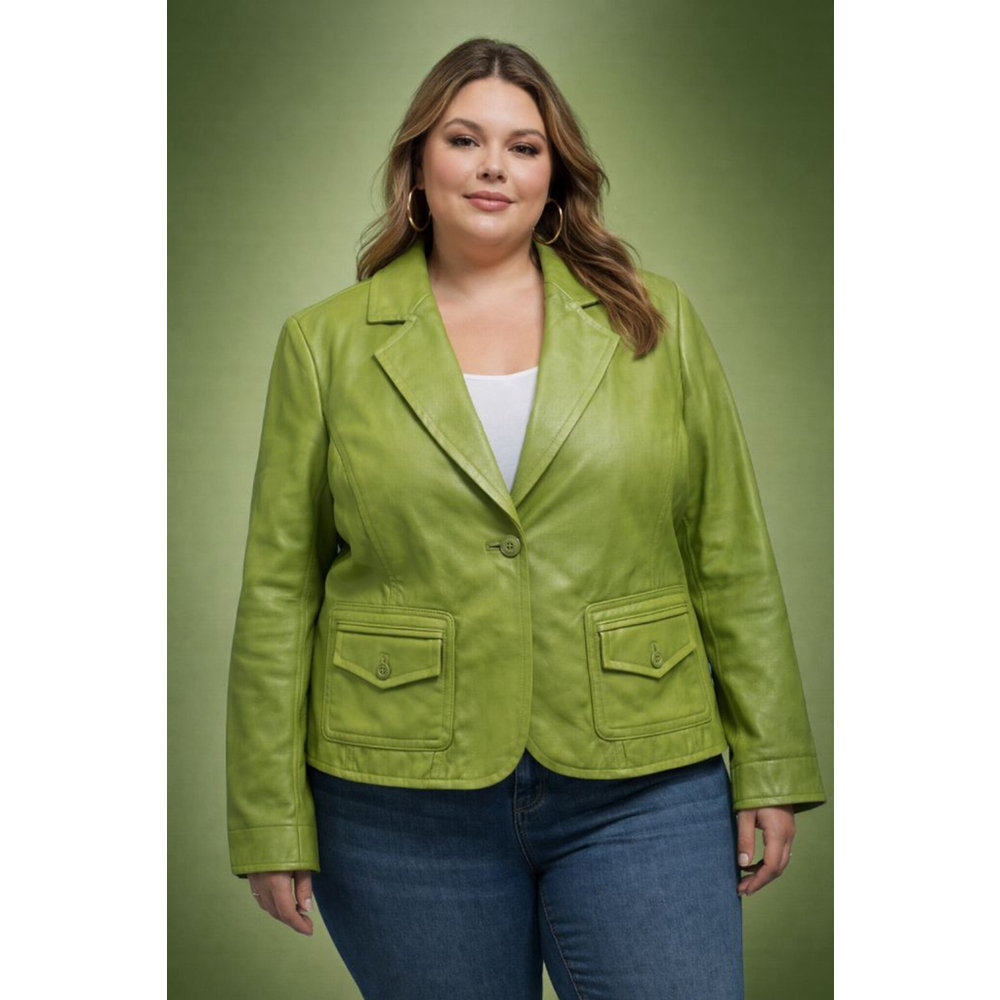 I.E. Woman Lime Green 100% Leather Blazer Jacket Plus Size 1X Vintage Y2K
